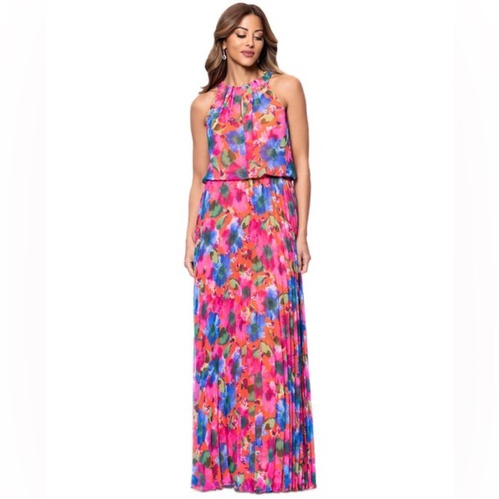 XSCAPE (B14) Women's Floral Chiffon Pleated Halter Gown - Orange Multi size 10